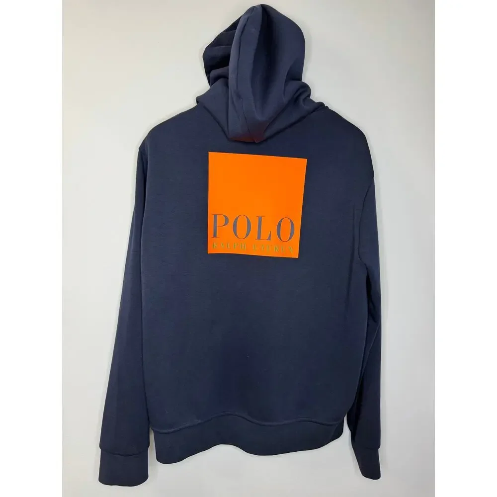 POLO RALPH LAUREN Men's Blue Double-Knit Full Zip Hoodie Box Logo Orange Blue L